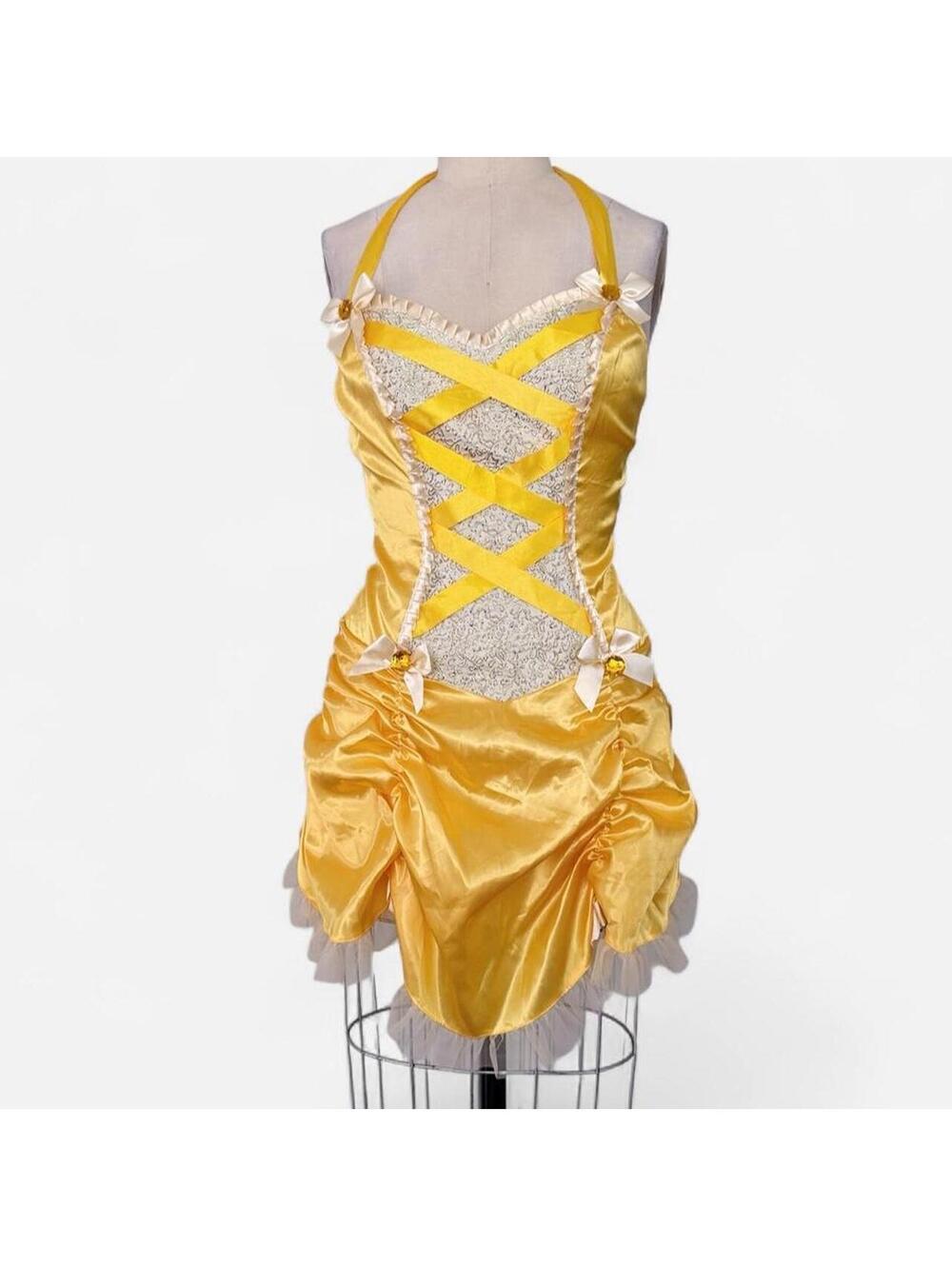 Halloween Costume Belle Yellow Satin Corset Bustle Dress Leg Avenue XS